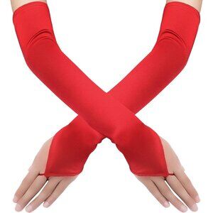 Women's Stretchy Red Finger Loop Long Satin Fabric Gloves Opera Party Prom